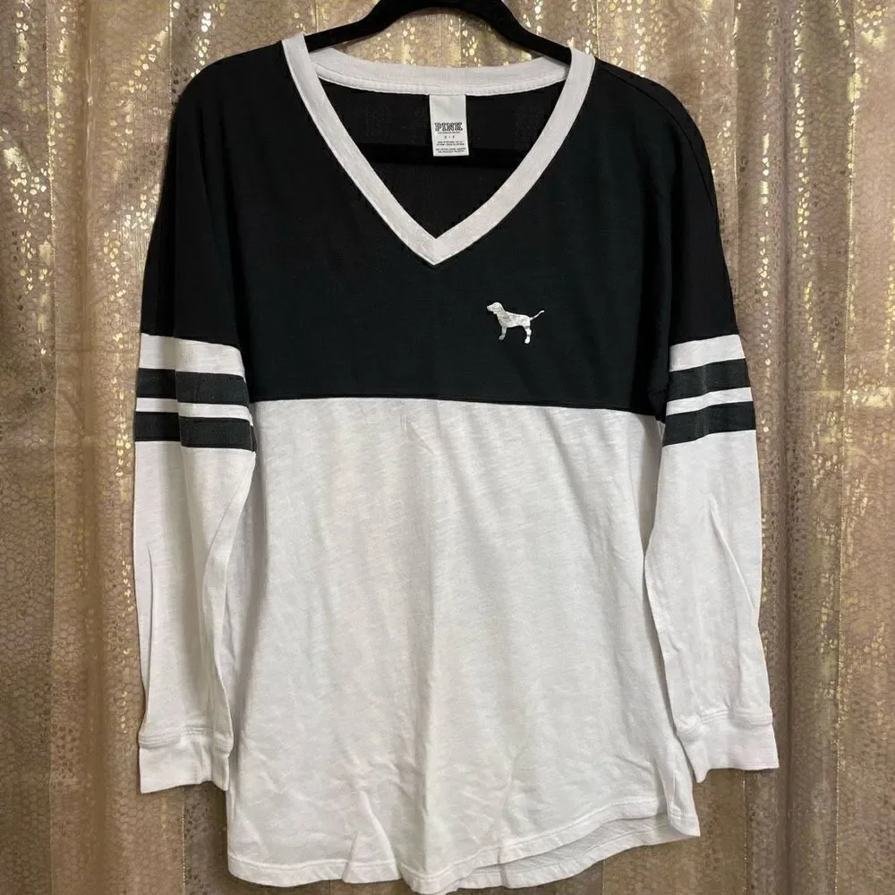 PINK Victorias Secret black/white rhinestone long sleeve t-shirt, S - Picture 2 of 6